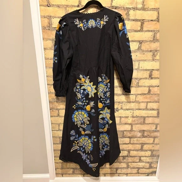new Farm Rio stitched garden black floral midi long sleeve dress - Picture 6 of 8